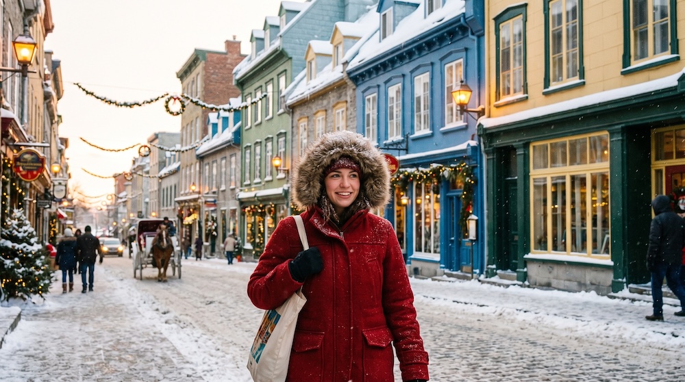 Budget PVT Canada 2026 : combien faut-il vraiment pour s'installer ? jeune femme habillée pour l'hiver dans une rue enneigée du Québec