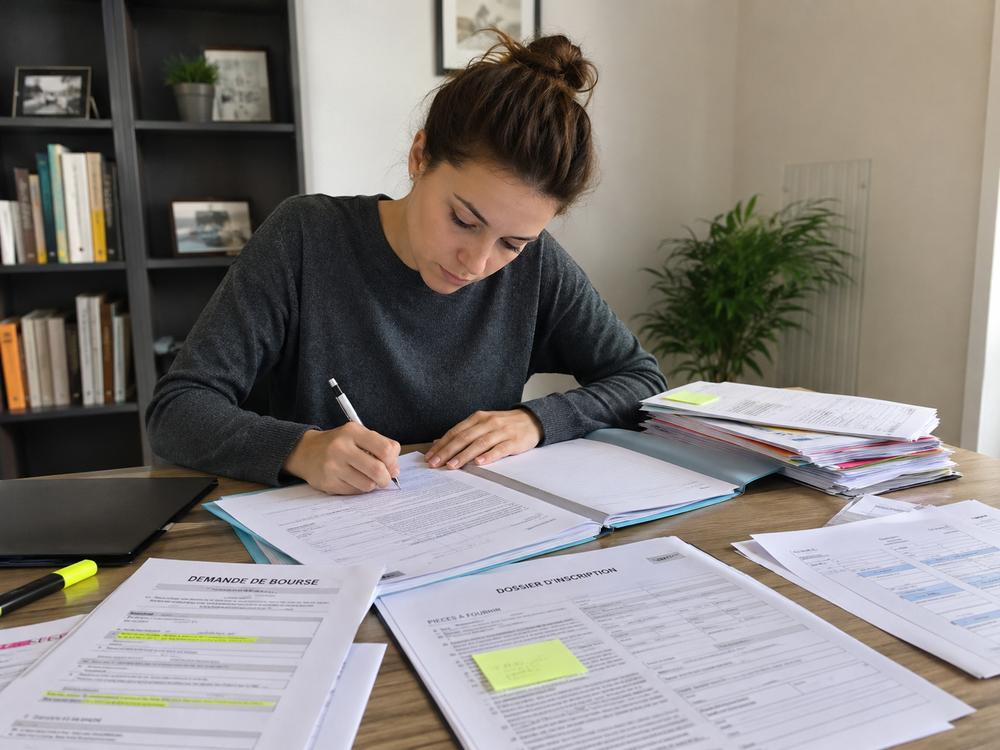 une étudiante prépare son dossier de transfert scolaire