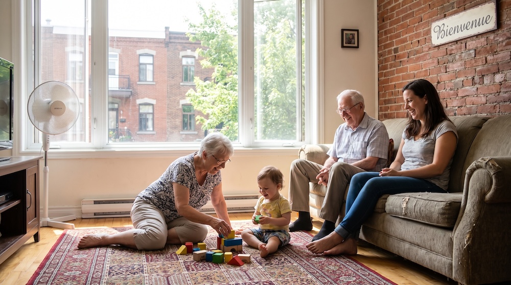 Regroupement familial au Québec : blocage jusqu'en 2026, comment faire face ? grands-parents en visite dans un appartement à Montréal
